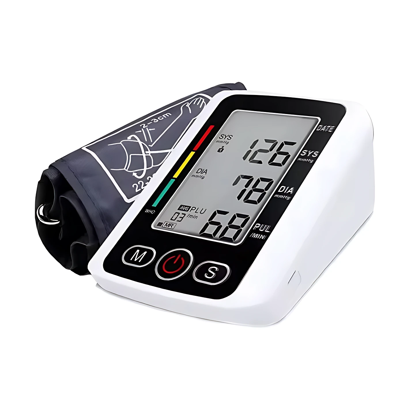 Tensiómetro digital de brazo con manguito negro y pantalla LCD mostrando lecturas de presión arterial, pulso y fecha. Botones M, S y encendido rojo. Diseño compacto blanco con detalles en negro y gris.