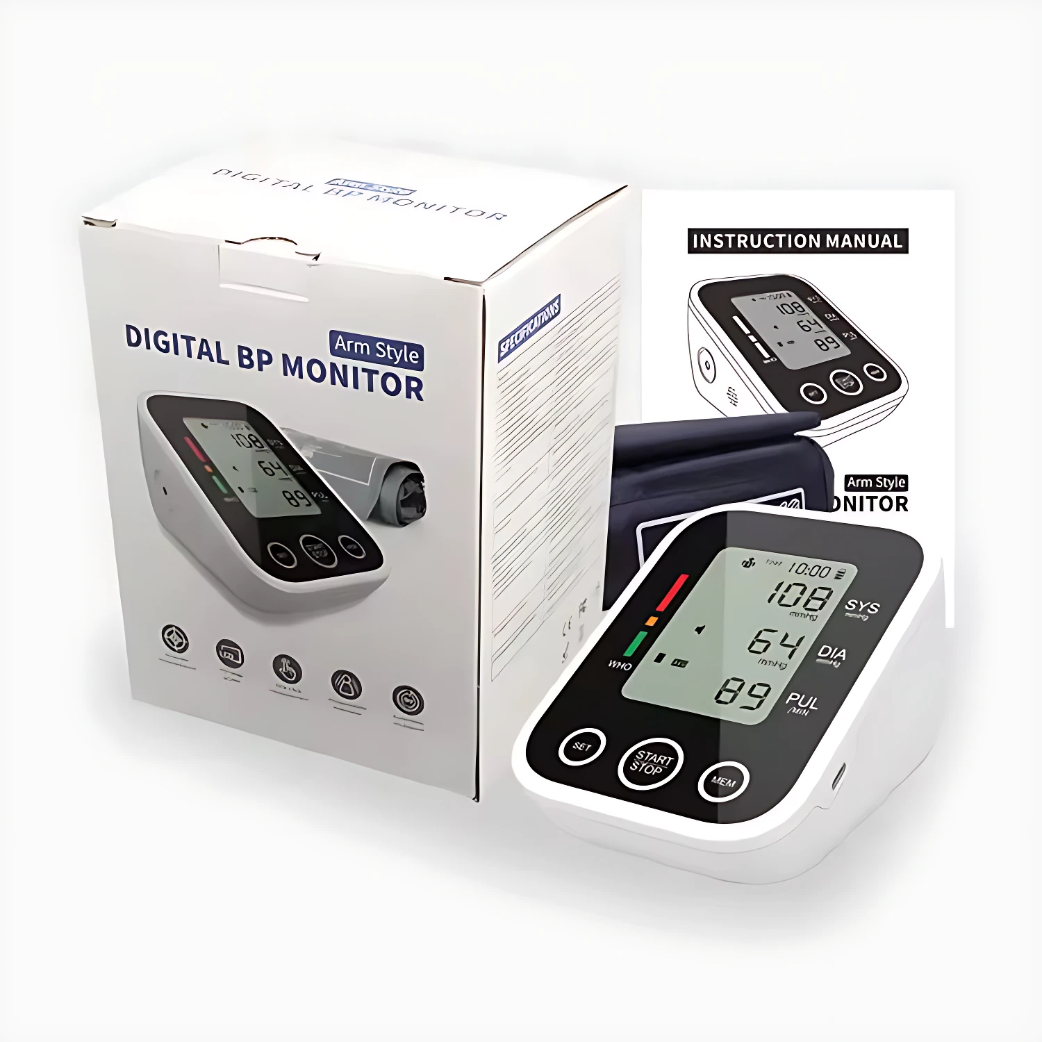 Tensiómetro digital para brazo, color blanco, con caja y manual. Pantalla muestra lectura de presión arterial y pulso. Botones frontales y manguito visible.