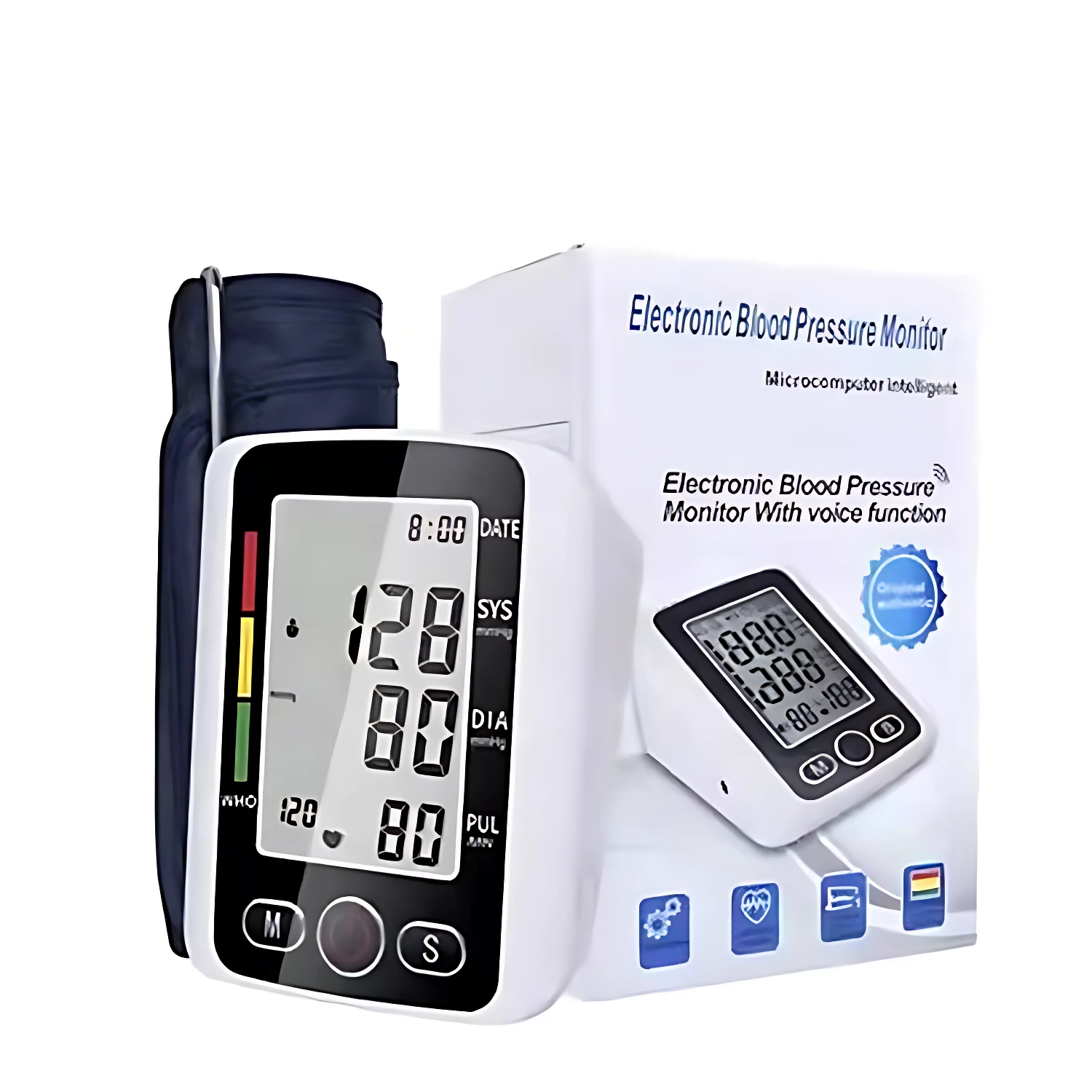 Tensiómetro digital para brazo en caja blanca con pantalla LCD mostrando lectura de 128/80 mmHg, manguito azul oscuro y botones de control.