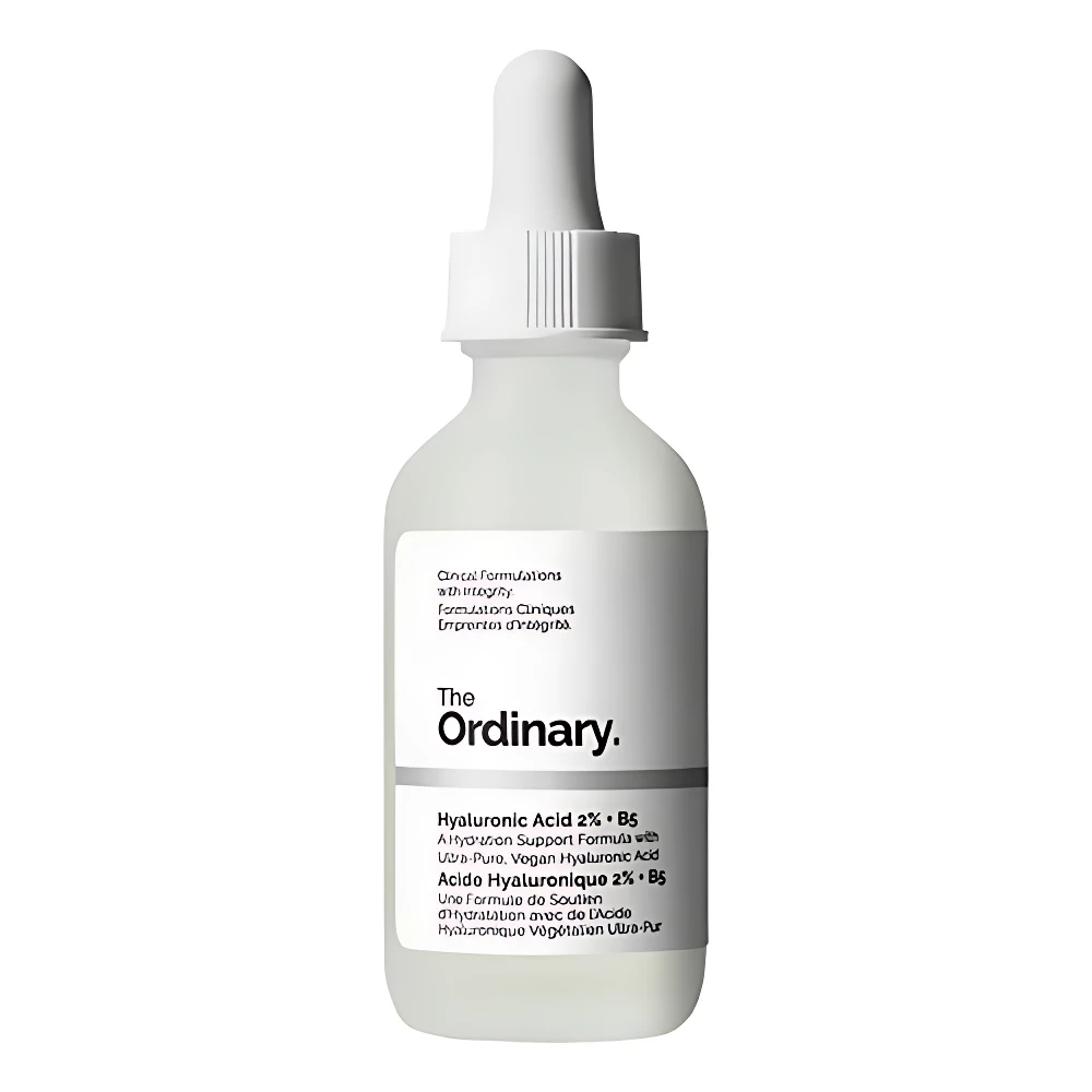 Suero hidratante The Ordinary Hyaluronic Acid 2% + B5 en frasco de vidrio esmerilado con gotero blanco.