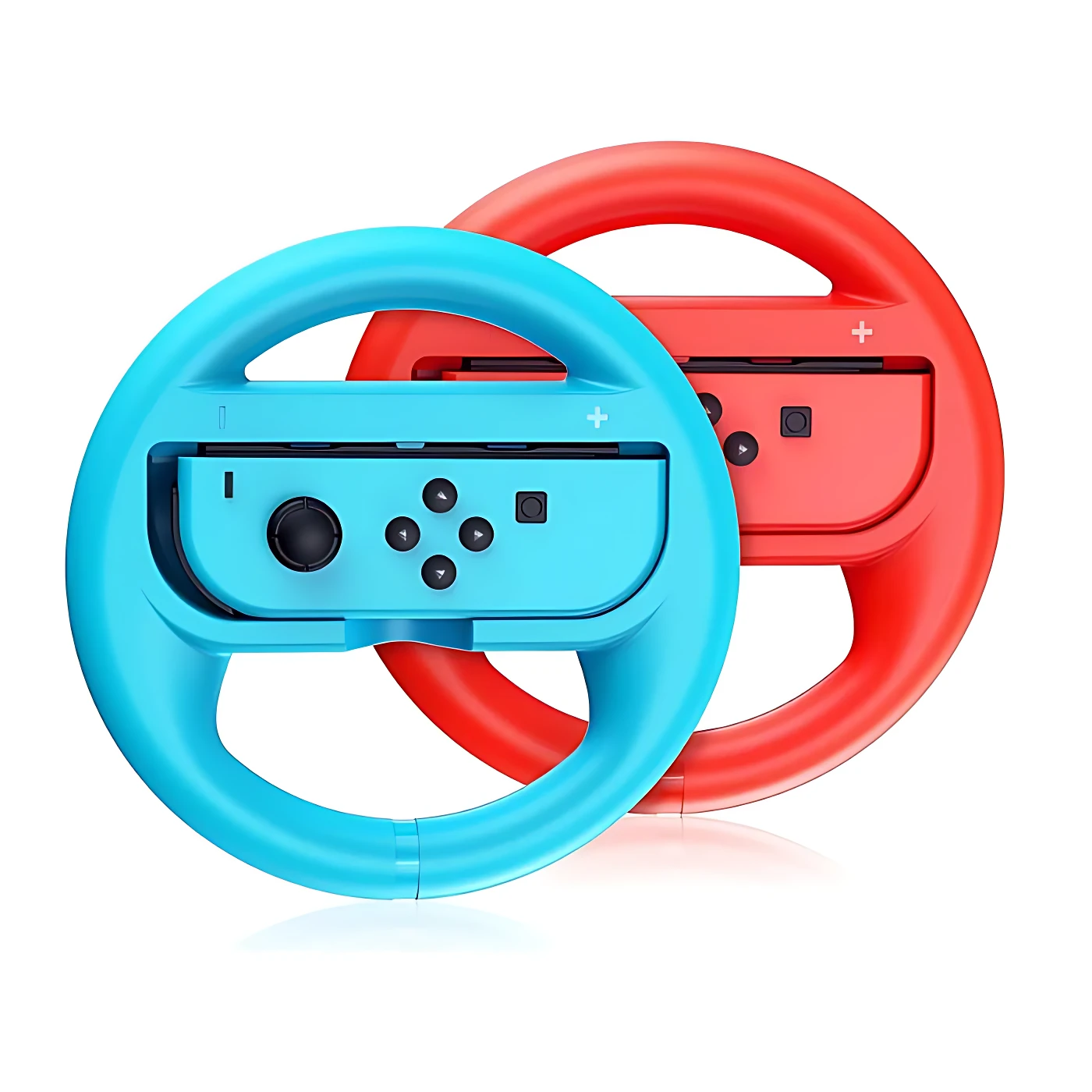 Volante ergonómico para Nintendo Switch en azul y rojo, con controles integrados y diseño circular para juego de carreras.