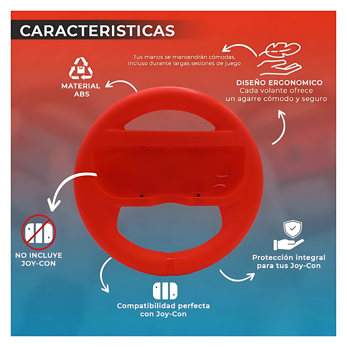 Volante ergonómico rojo para Nintendo Switch, con diseño de agarre seguro y compatibilidad para Joy-Con.