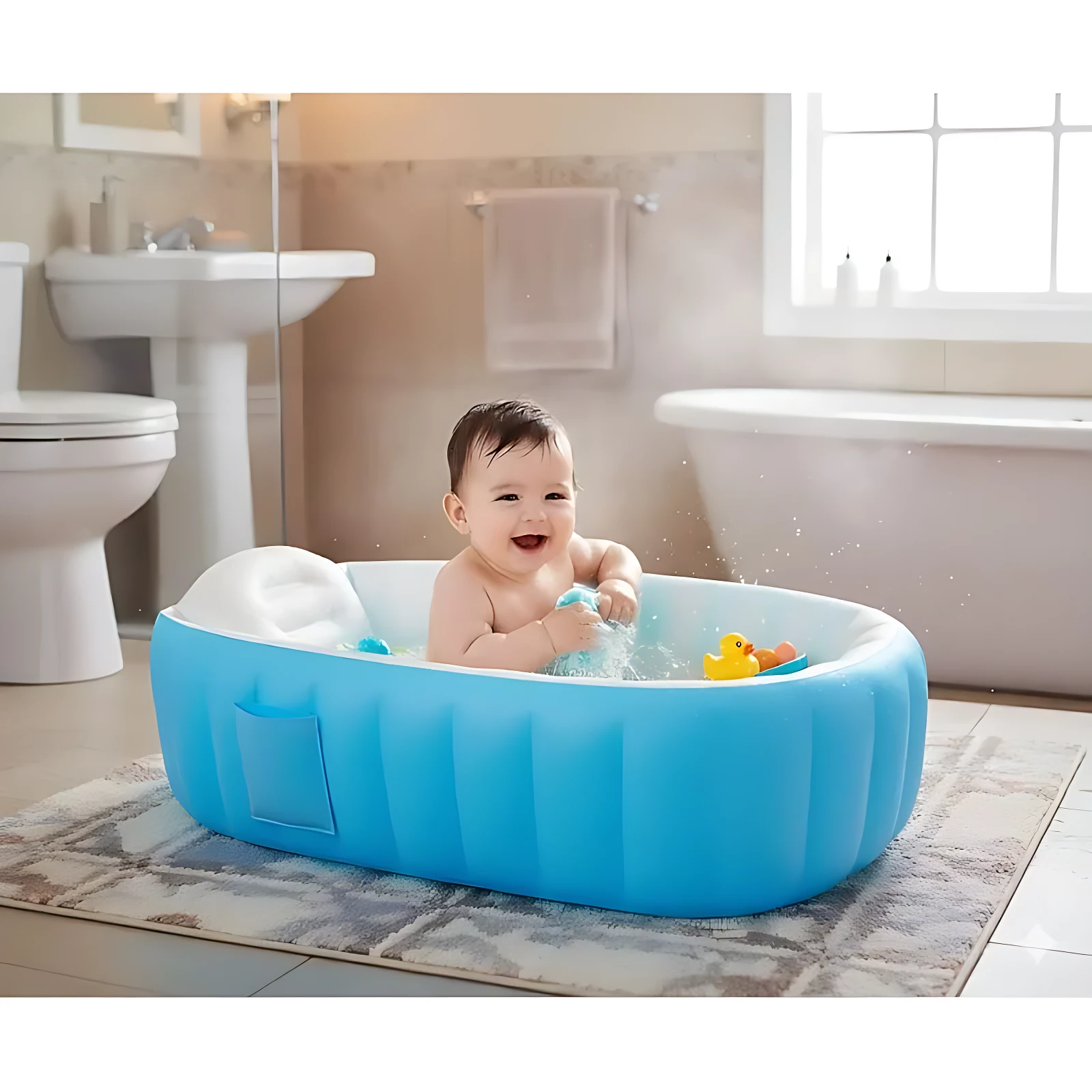Bebé sonriente en tina de baño inflable azul acolchada, con pato de goma y accesorios, sobre alfombra en baño moderno.