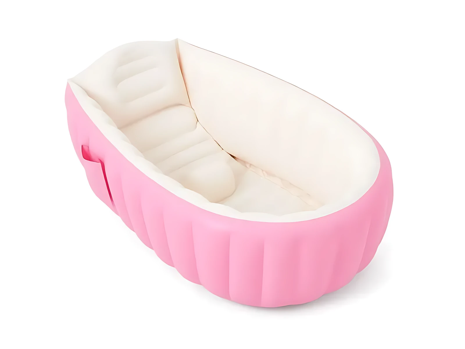Tina de baño inflable acolchada para bebé en color rosa con interior blanco, vista desde arriba.