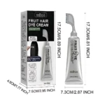 Tubo de tinte para cabello negro con aplicador integrado, caja de 80 ml y dimensiones visibles en cm e inches.