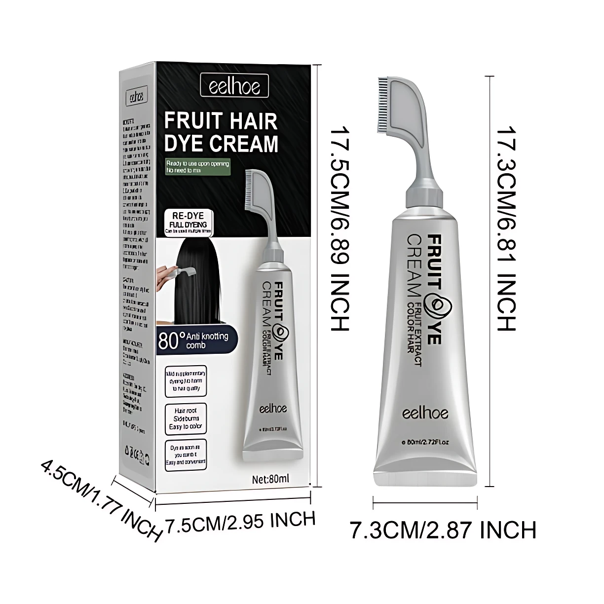 Tubo de tinte para cabello negro con aplicador integrado, caja de 80 ml y dimensiones visibles en cm e inches.