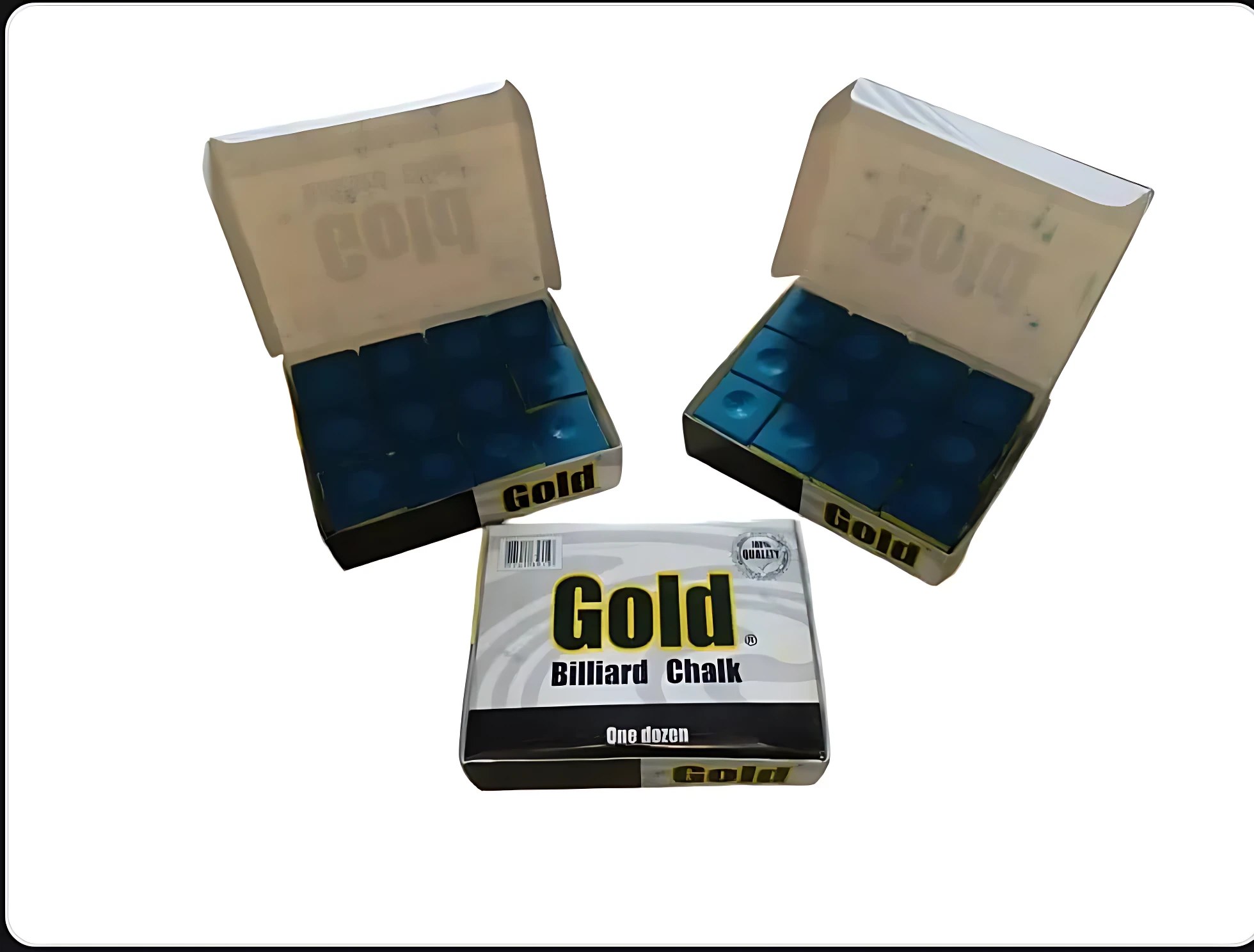 Tiza azul para tacos de billar, caja de 12 unidades con tapa transparente, mostrando contenido y etiqueta frontal con texto Gold.