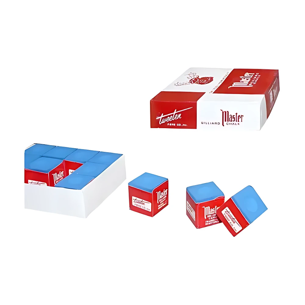 Caja de tiza para billar Master X con doce bloques azules y rojos, presentada en su empaque original y mostrando unidades sueltas.