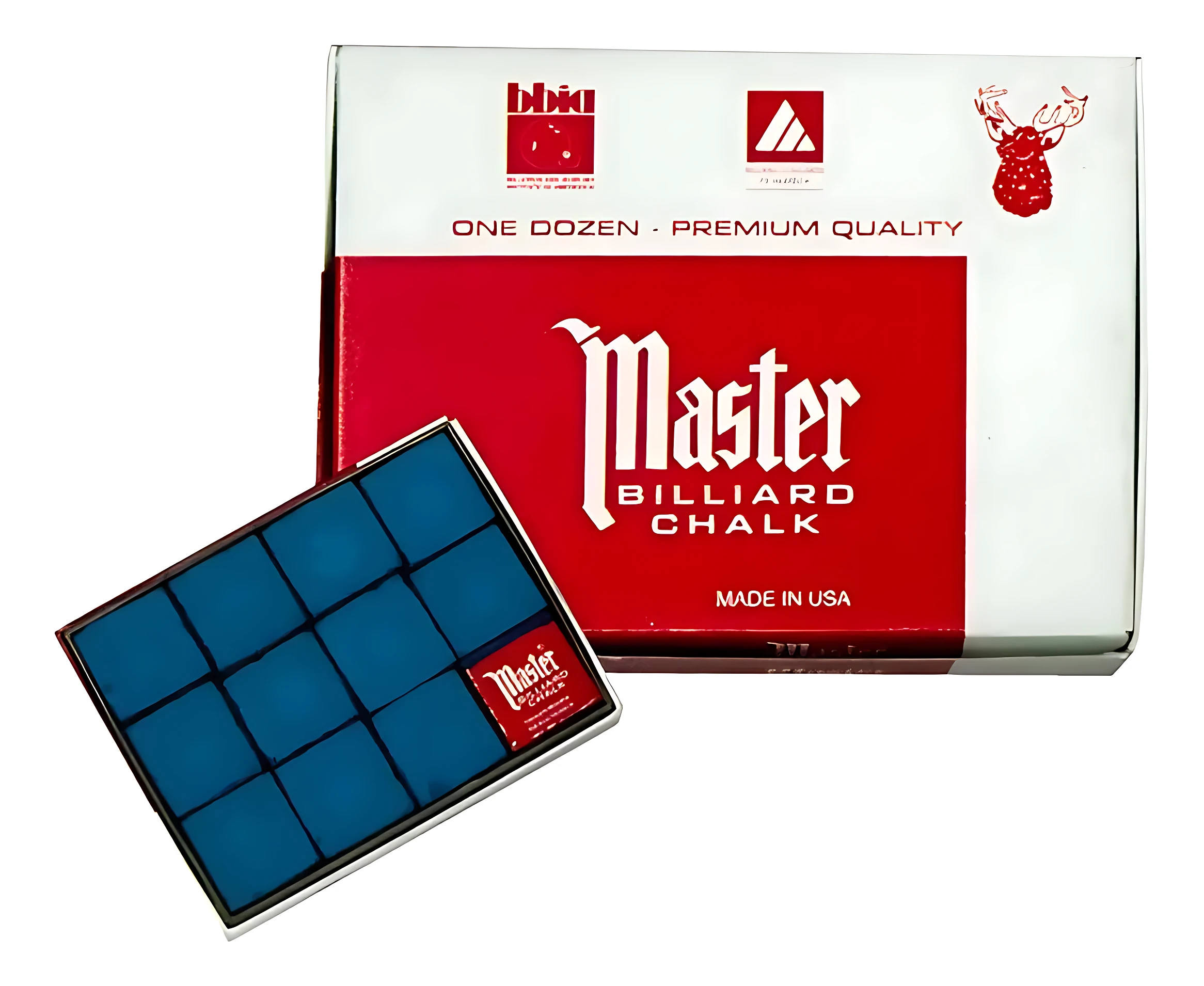 Caja de tiza para billar Master X, color azul, con doce unidades visibles en presentación abierta. Incluye empaque original con logotipo y texto en inglés.