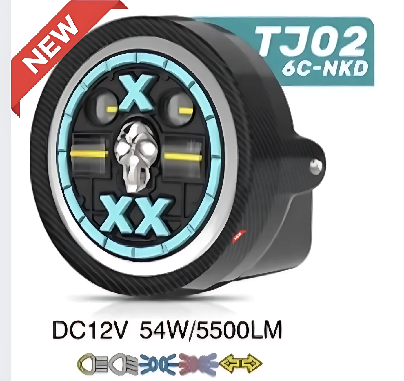 Farola LED láser Tj02 con acabado carbono y calavera, 5500 lúmenes, vista frontal con detalles en azul claro y etiqueta NEW.