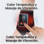 Tobillera masajeadora térmica inalámbrica en uso, con pantalla digital y botón táctil, aplicando calor y vibración en tobillo.