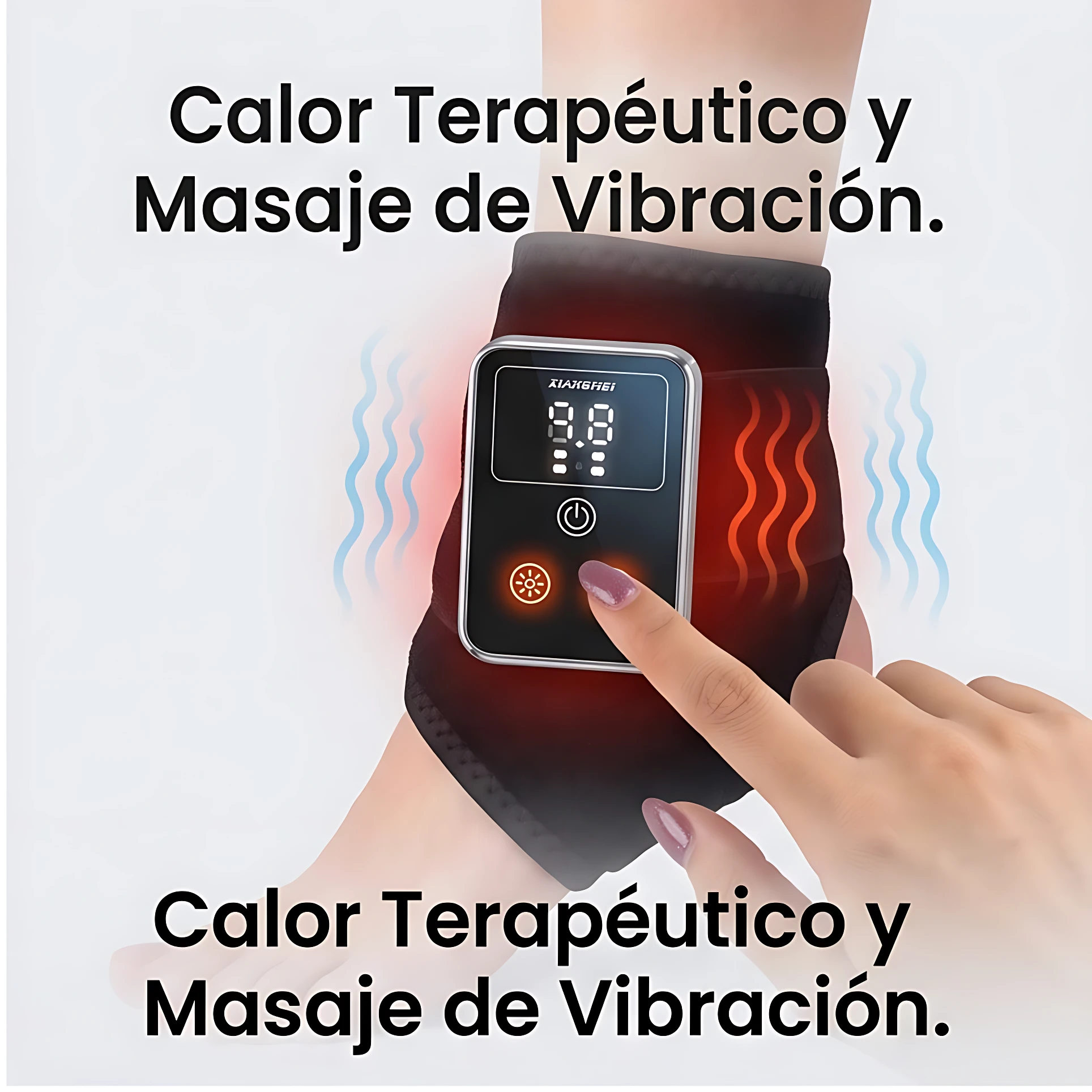 Tobillera masajeadora térmica inalámbrica en uso, con pantalla digital y botón táctil, aplicando calor y vibración en tobillo.