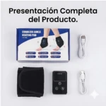 Presentación completa del producto: tobillera masajeadora térmica inalámbrica XM-888, con caja, dos cables USB, control remoto y funda negra.