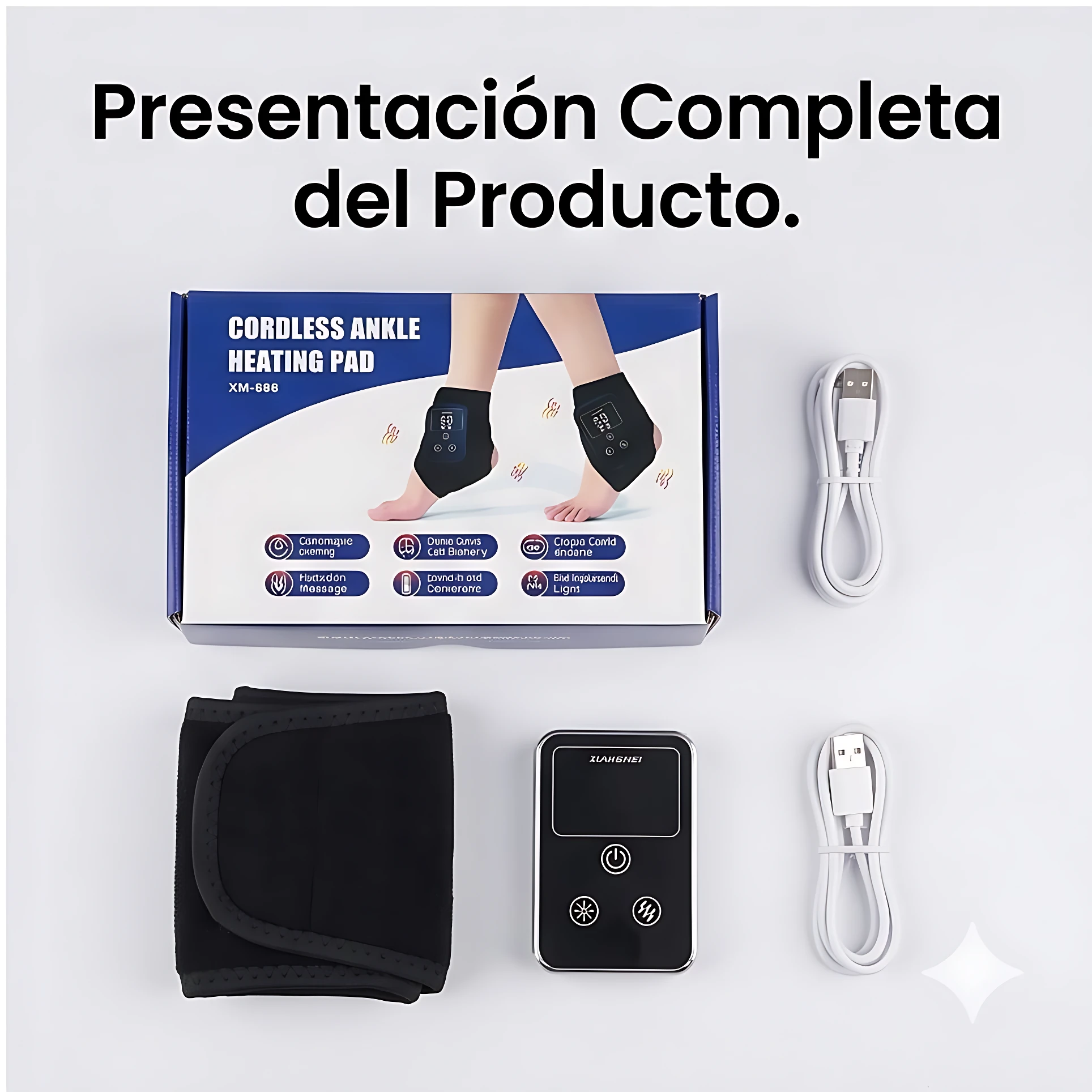 Presentación completa del producto: tobillera masajeadora térmica inalámbrica XM-888, con caja, dos cables USB, control remoto y funda negra.