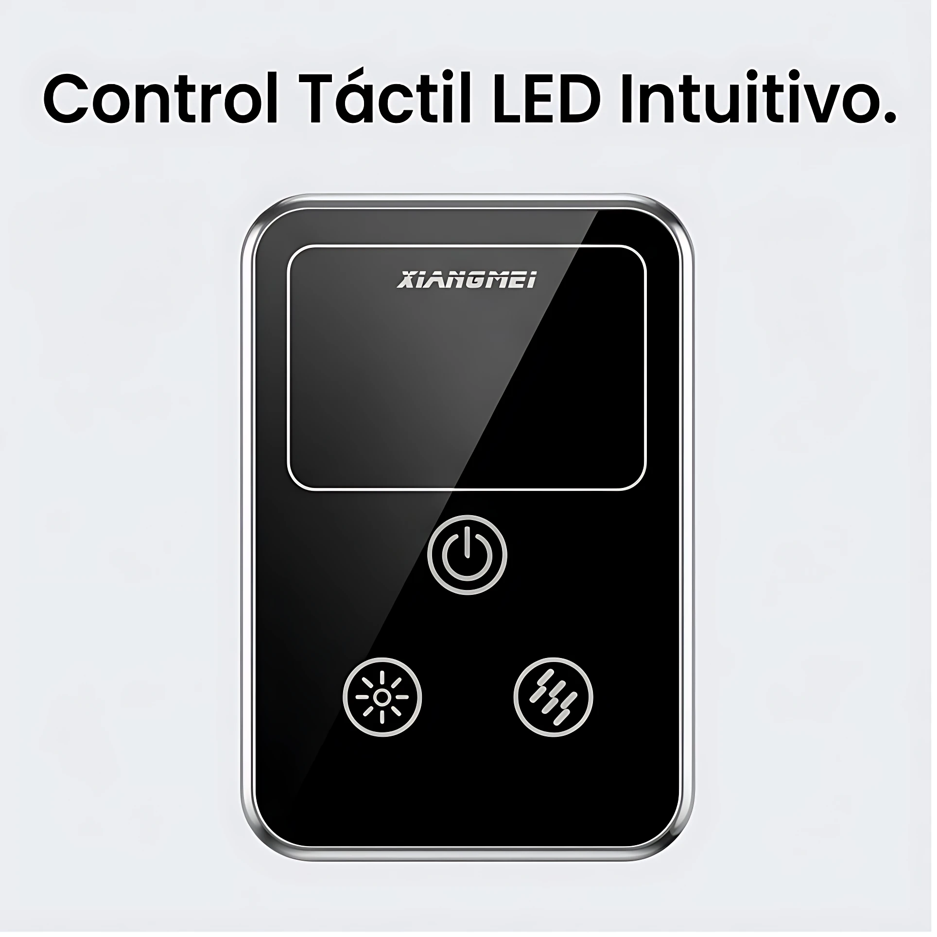 Control táctil LED intuitivo en panel negro con botones de encendido, intensidad y modo de masaje, marca XIANGMEI.