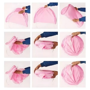 Toldillo para bebé en color rosa, mostrando paso a paso su montaje y uso con malla antimosquitos.