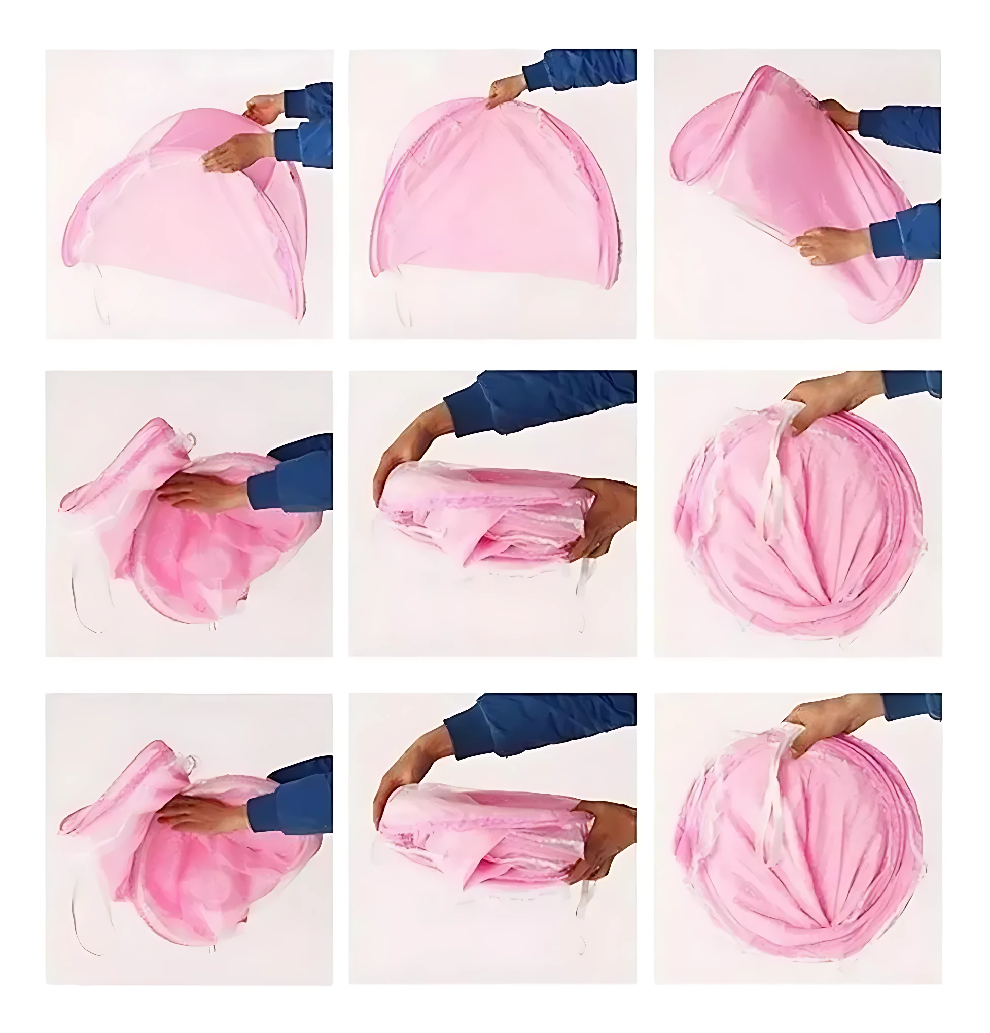 Toldillo para bebé en color rosa, mostrando paso a paso su montaje y uso con malla antimosquitos.