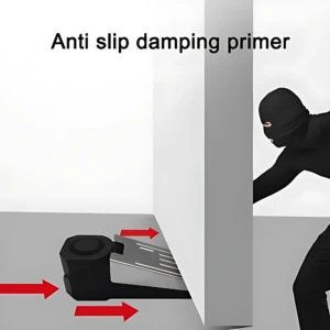 Tope de puerta negro con base antideslizante y sistema de alarma antirrobo sin baterías, en vista lateral mostrando mecanismo de activación y figura humana en posición de intrusión.