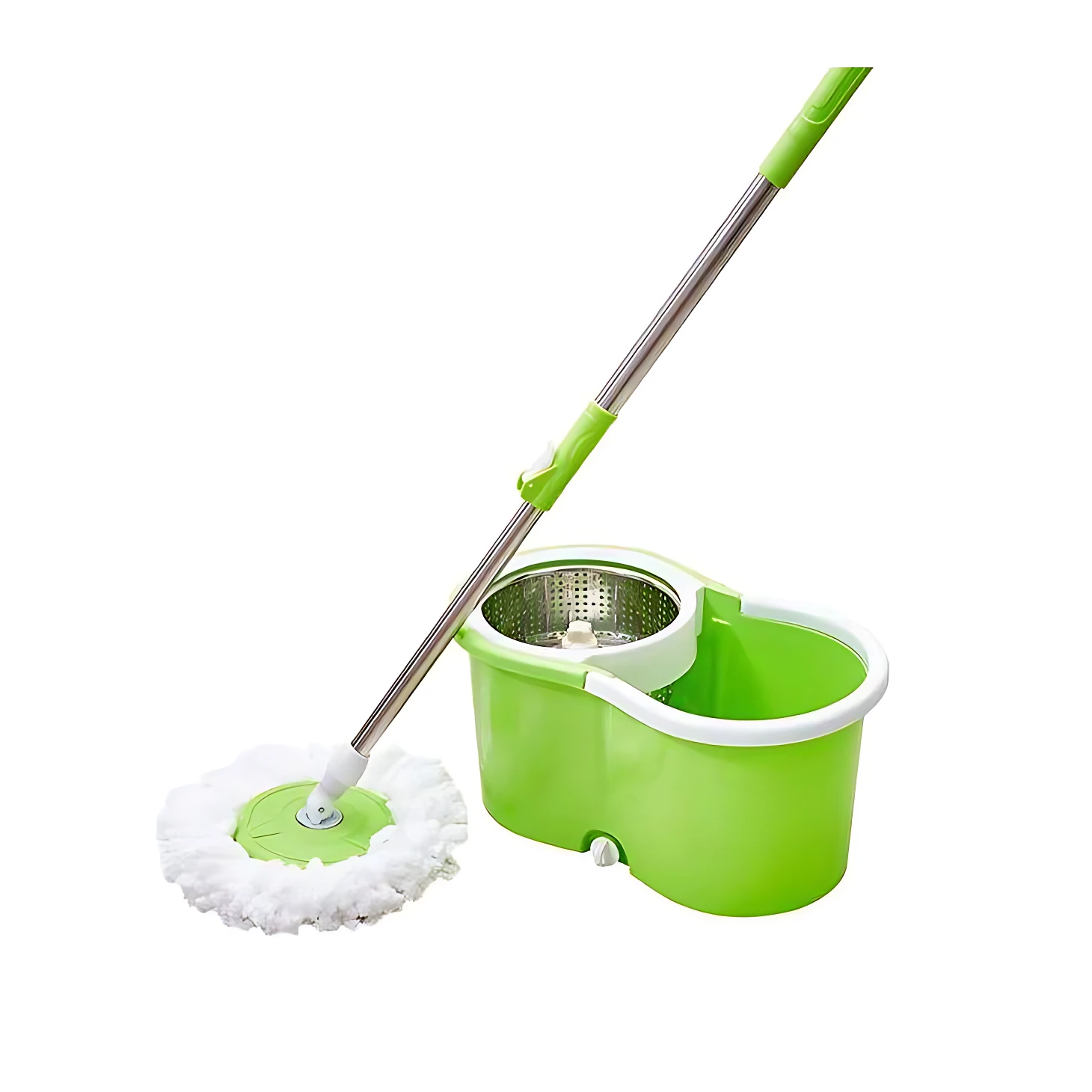 Trapero mágico verde con cabezal giratorio blanco y mango telescópico, junto a su cubeta con sistema de escurrido automático.