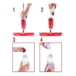 Instrucciones de uso del trapero spray Zo con rociado integrado: llenar depósito, montar cabezal, aplicar solución y limpiar piso.