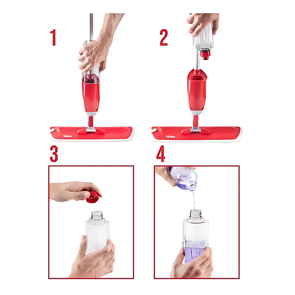 Instrucciones de uso del trapero spray Zo con rociado integrado: llenar depósito, montar cabezal, aplicar solución y limpiar piso.