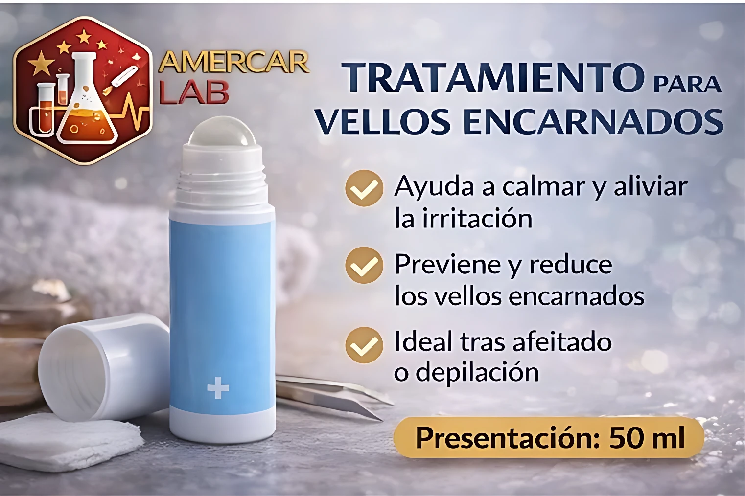 Bálsamo para vellos encarnados de Amercar Lab en presentación de 50 ml, con envase azul claro y tapa blanca, acompañado de algodón y pinzas en fondo desenfocado.