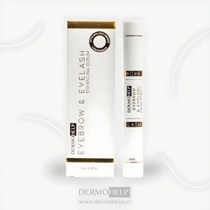 Suero DermoHelp para cejas y pestañas, presentación con tubo y caja blanca con detalles dorados, 8 g.