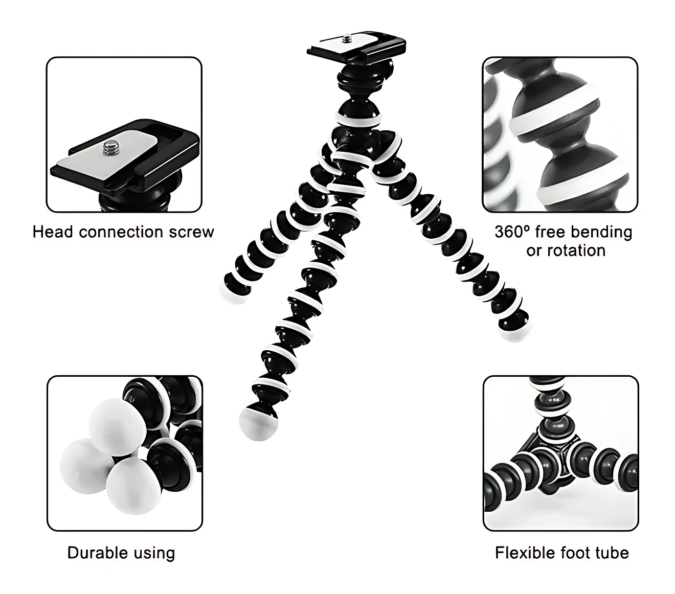 Trípode pulpo Beston 813 en negro y blanco, con patas flexibles y base ajustable para smartphone.