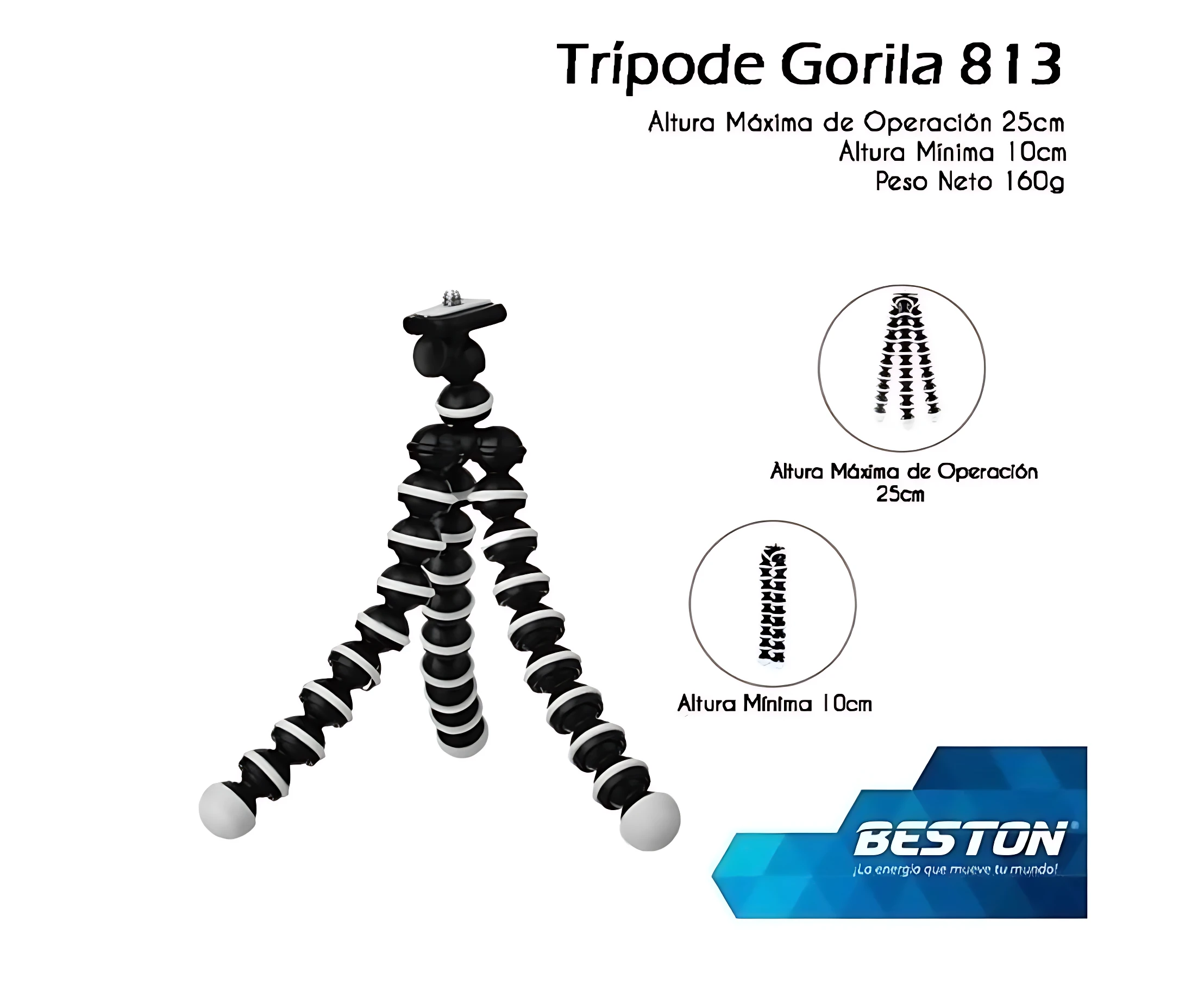 Trípode Beston 813 pulpo negro con patas flexibles, altura máxima 25 cm y mínima 10 cm, ideal para smartphones en superficies irregulares.