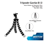 Trípode Gorila 813 de Beston en color negro y blanco, con patas flexibles y esferas blancas en las puntas. Muestra altura máxima de 25 cm y mínima de 10 cm. Ideal para smartphones.