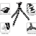 Trípode flexible Beston 813 en negro y blanco, con patas articuladas y base para smartphone, mostrando detalles de conexión y flexibilidad.