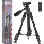 Trípode Neepho NP-3180S en color negro, con caja de presentación a la izquierda y accesorio de transporte a la derecha.