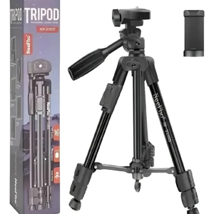 Trípode Neepho NP-3180S en color negro, con caja de presentación a la izquierda y accesorio de transporte a la derecha.