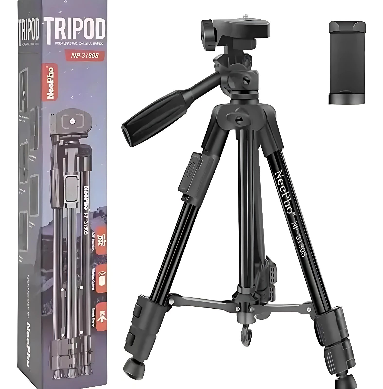 Trípode Neepho NP-3180S en color negro, con caja de presentación a la izquierda y accesorio de transporte a la derecha.