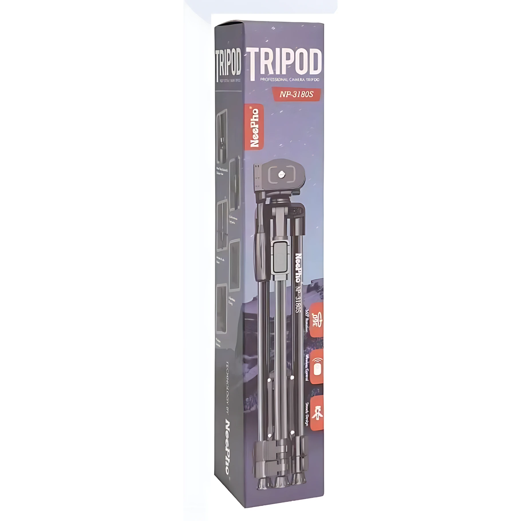 Packaging del trípode Neepho NP-3180S en color gris oscuro, mostrando el producto completo con cabeza de cámara y patas extendidas.