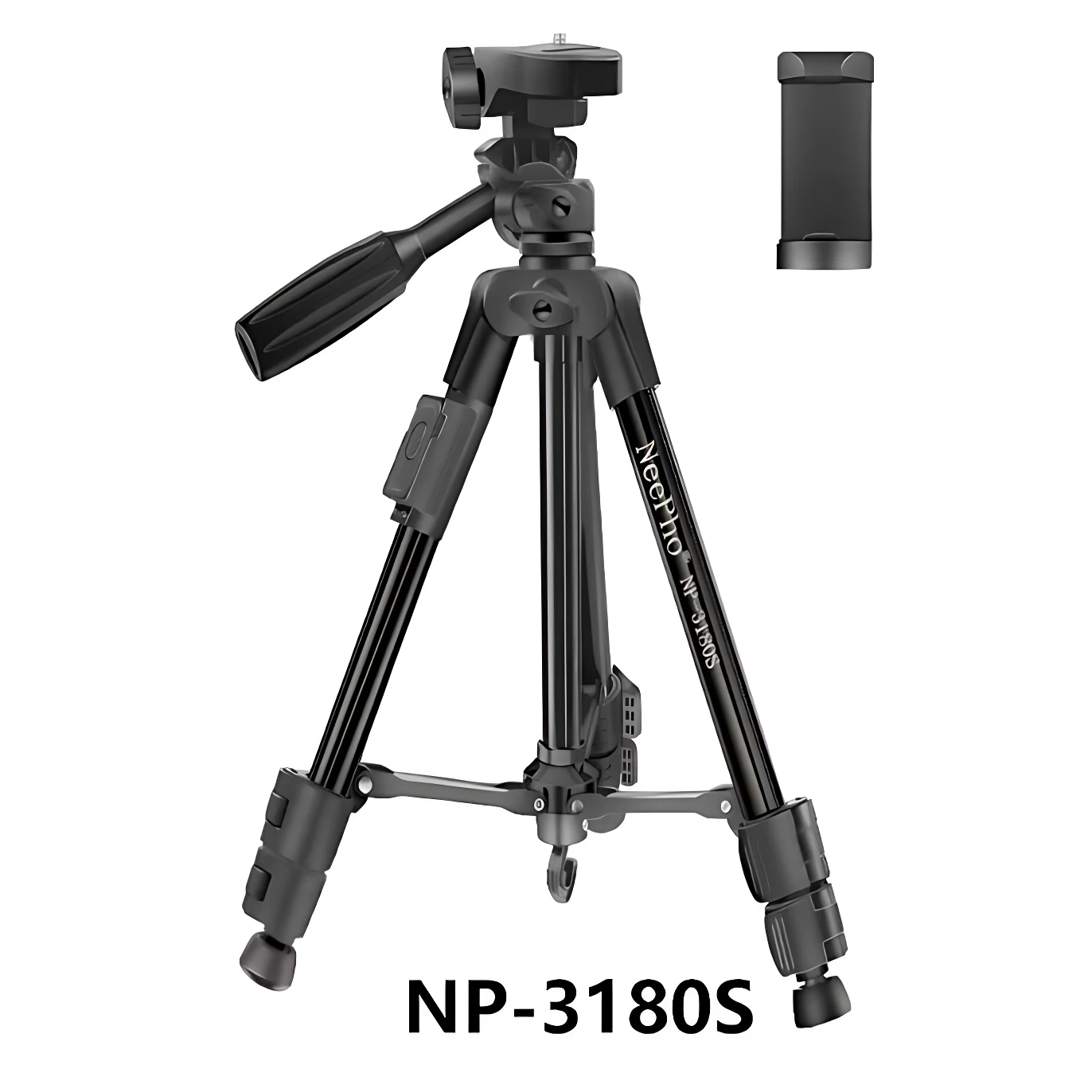 Trípode Neepho NP-3180S negro con cabeza panorámica y accesorios incluidos, ideal para fotografía y video.