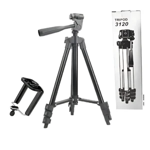 Trípode telescópico negro con cabezal panorámico, adaptador de teléfono y caja de presentación modelo 3120.