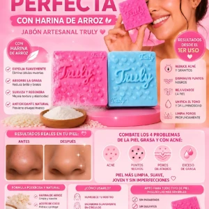 Jabón artesanal Truly en presentación de dos unidades, rosa y azul, con harina de arroz para control de grasa y piel radiante.