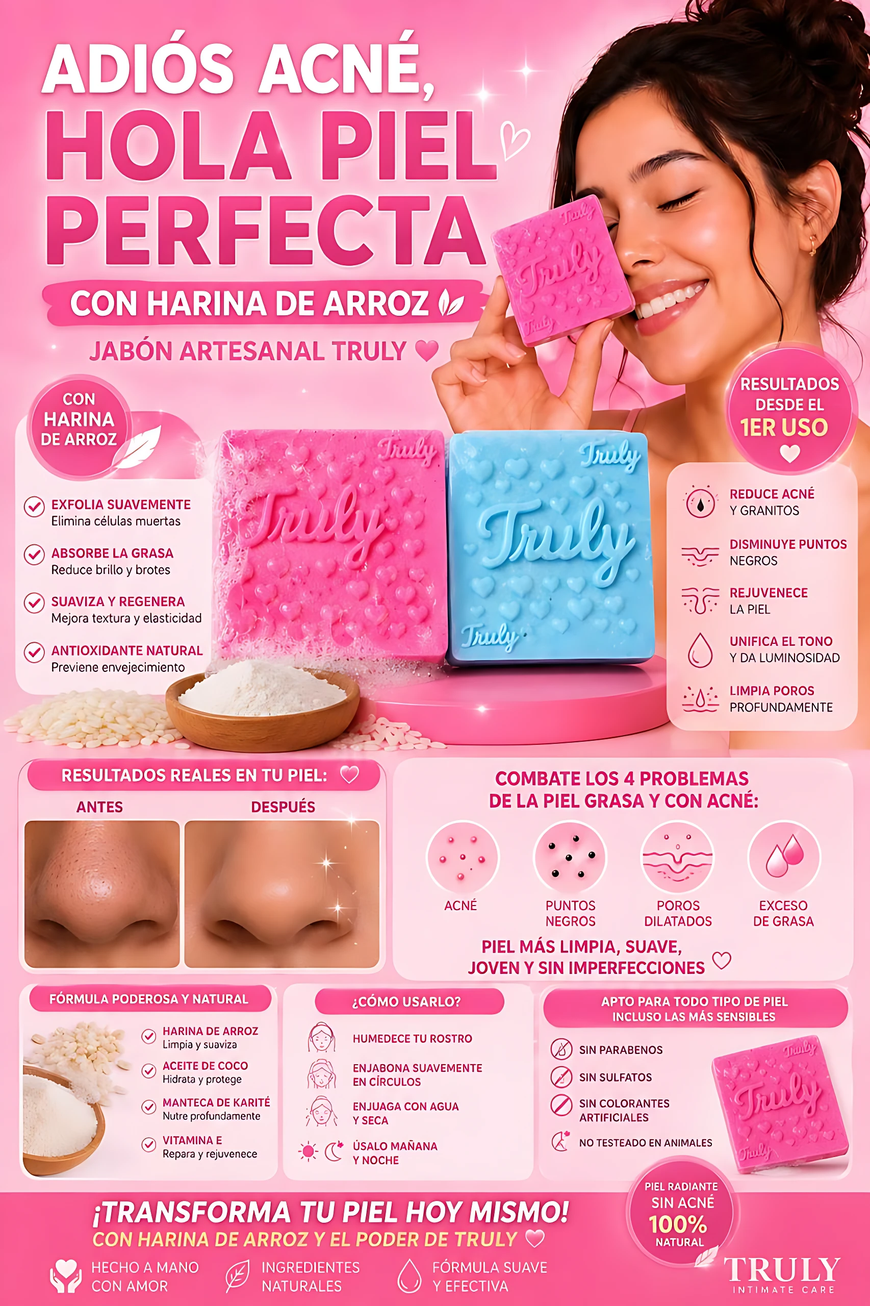 Jabón artesanal Truly en presentación de dos unidades, rosa y azul, con harina de arroz para control de grasa y piel radiante.