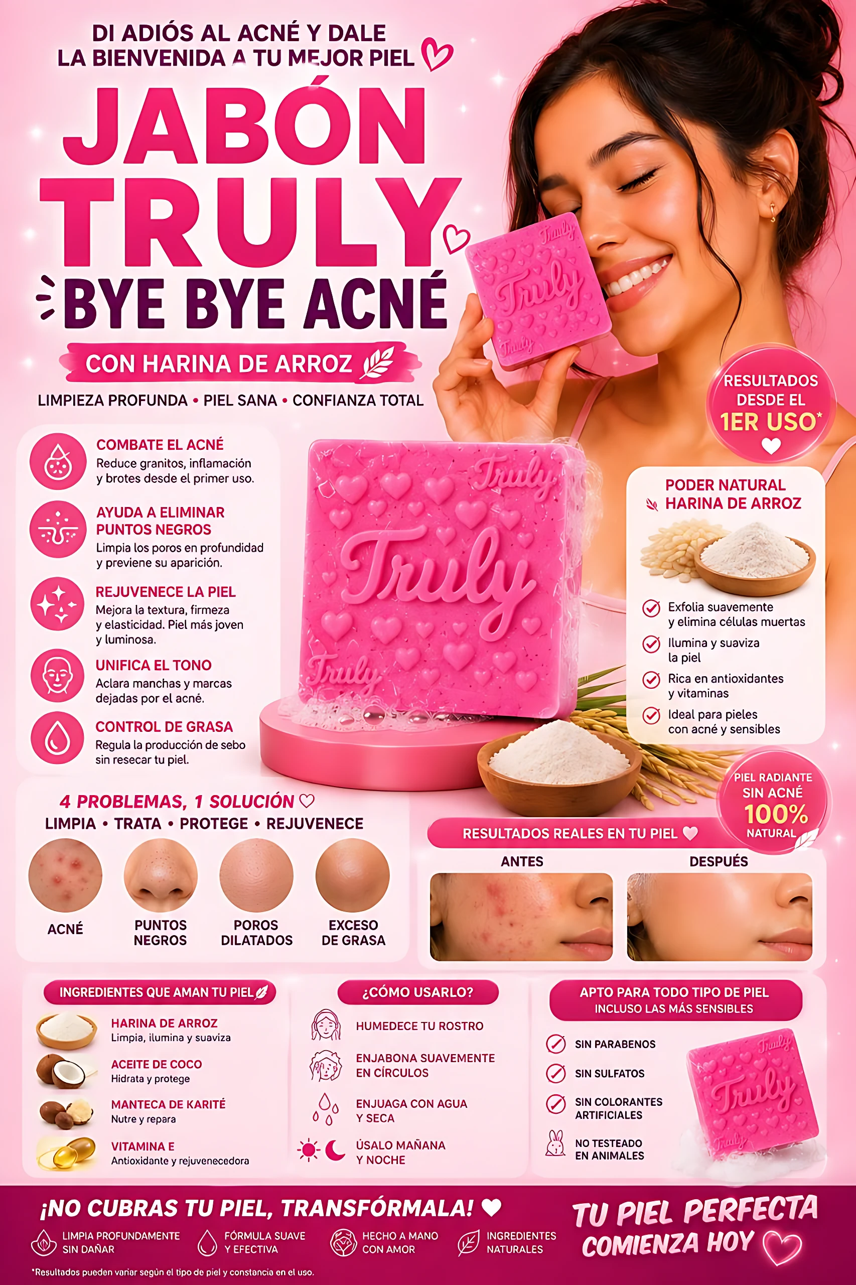 Jabón Truly en presentación rosa con harina de arroz, mostrando textura granulada y empaque con ilustraciones de ingredientes naturales. Incluye barra de jabón, envoltorio y detalles de uso en piel.