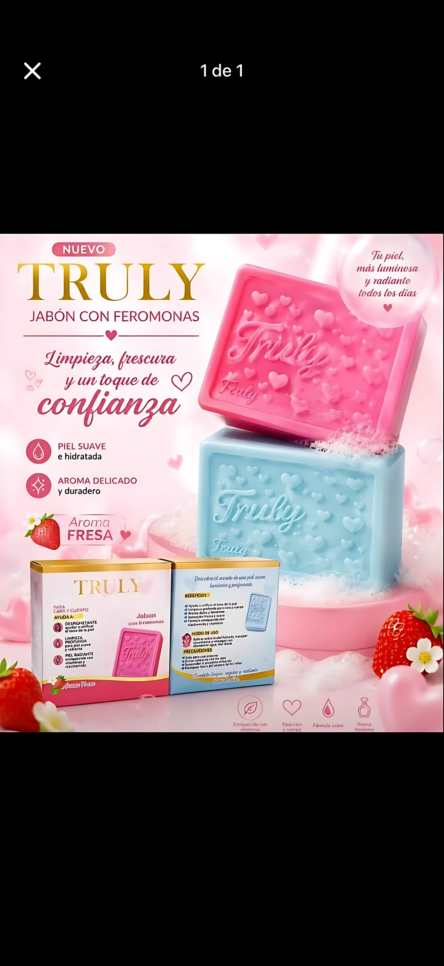 Jabón Truly con feromonas en presentación de dos unidades, rosa y azul, con textura embossada y envoltorio que muestra ingredientes como harina de arroz y aroma fresco.