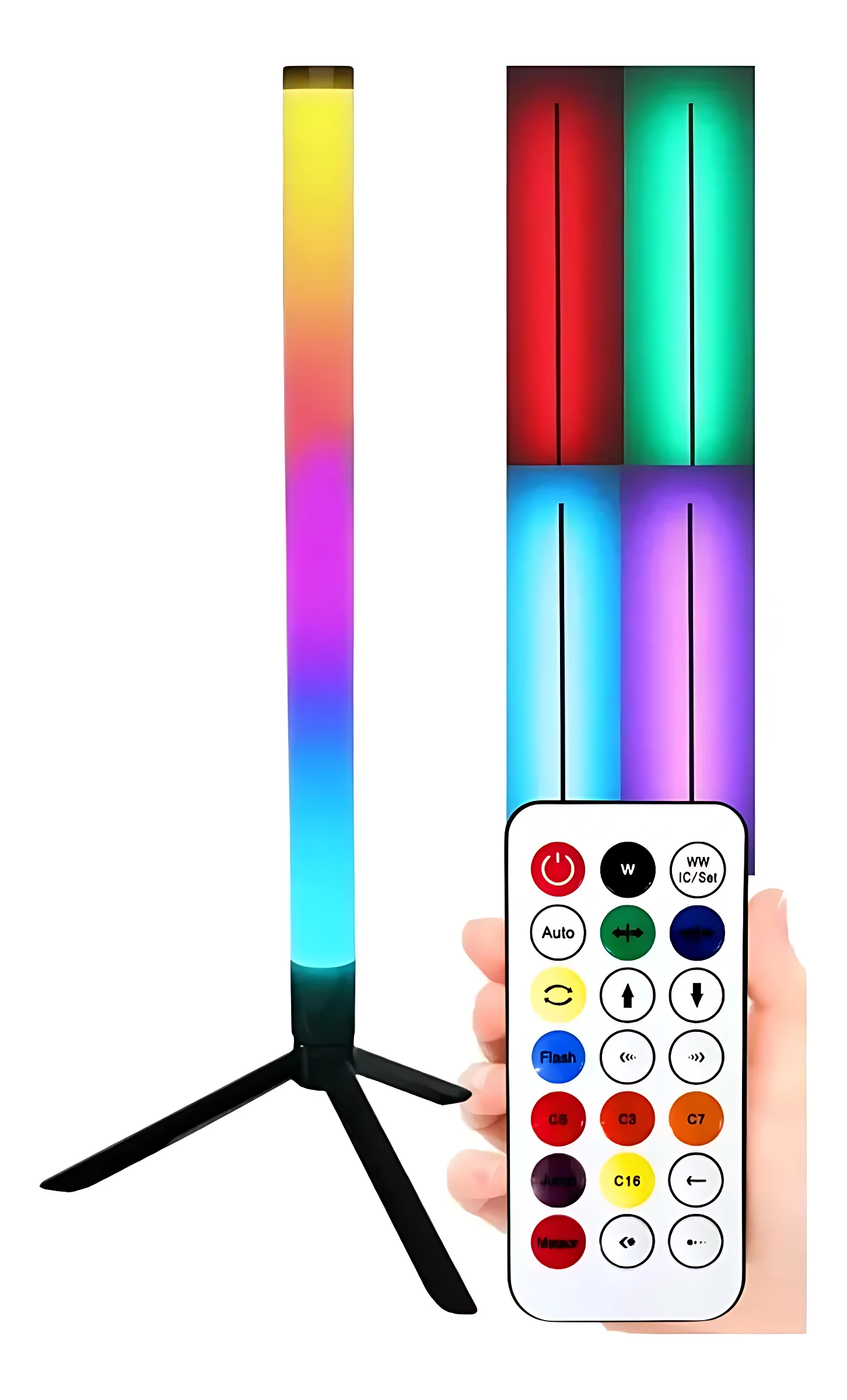 Tubo neón RGB vertical de 75 cm con soporte trípode negro, mostrando gradiente multicolor y panel de control remoto con botones de colores y funciones.