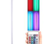 Tubo neón RGB vertical de 75 cm con soporte trípode, mostrando luces en rojo, verde, azul y morado, junto a control remoto con botones de colores y funciones.