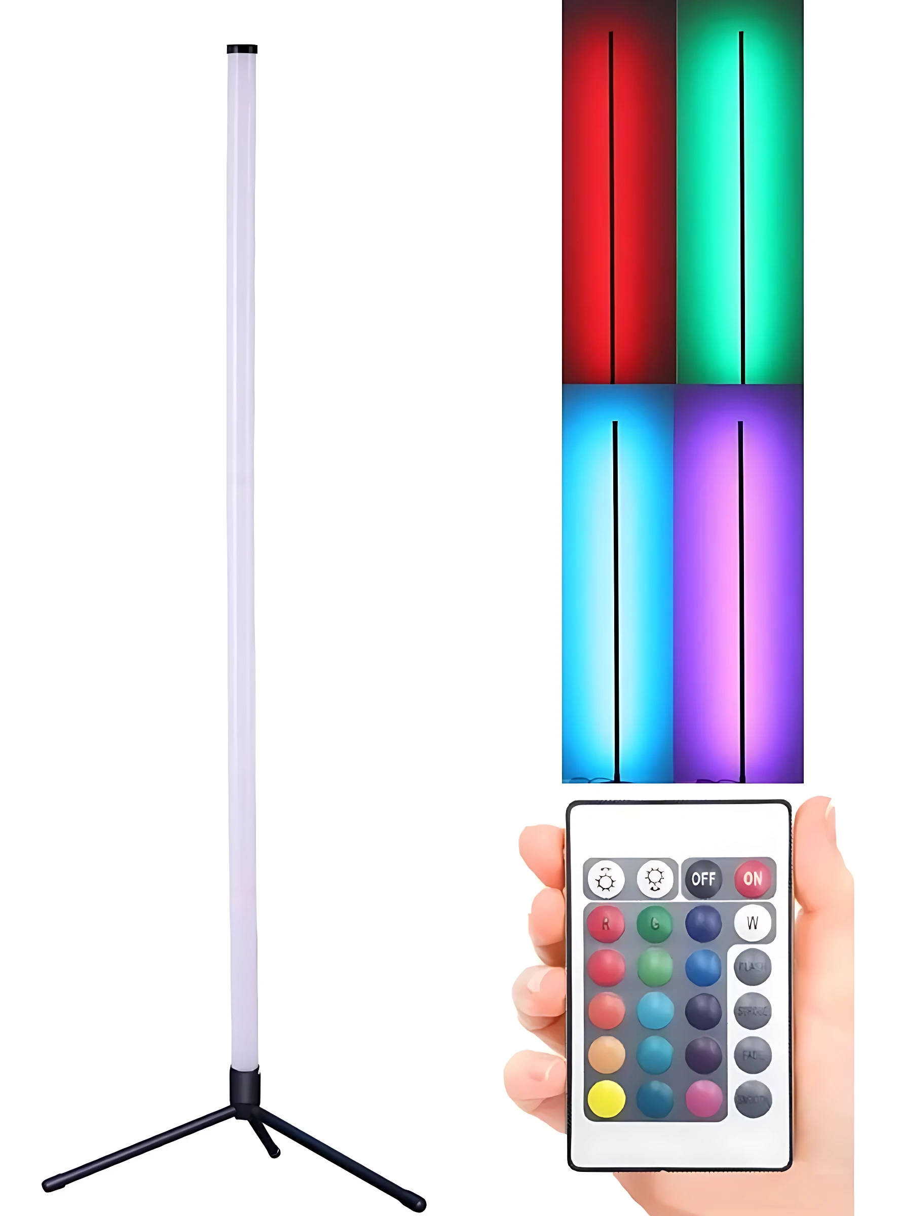 Tubo neón RGB vertical de 75 cm con soporte trípode, mostrando luces en rojo, verde, azul y morado, junto a control remoto con botones de colores y funciones.