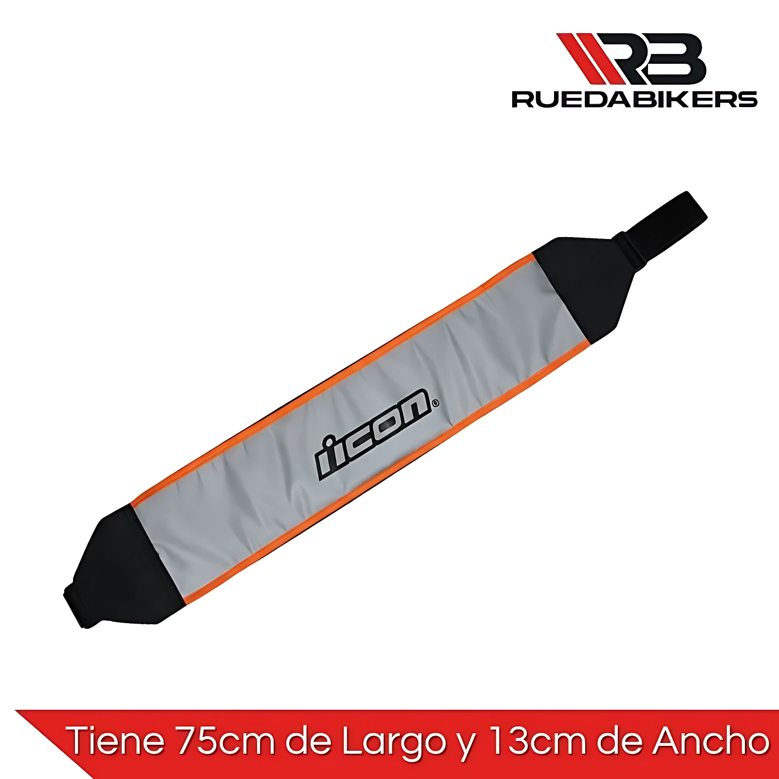 Tula para casco de motociclista en color gris con detalles naranjas y negros, marca Icon, mide 75 cm de largo y 13 cm de ancho.