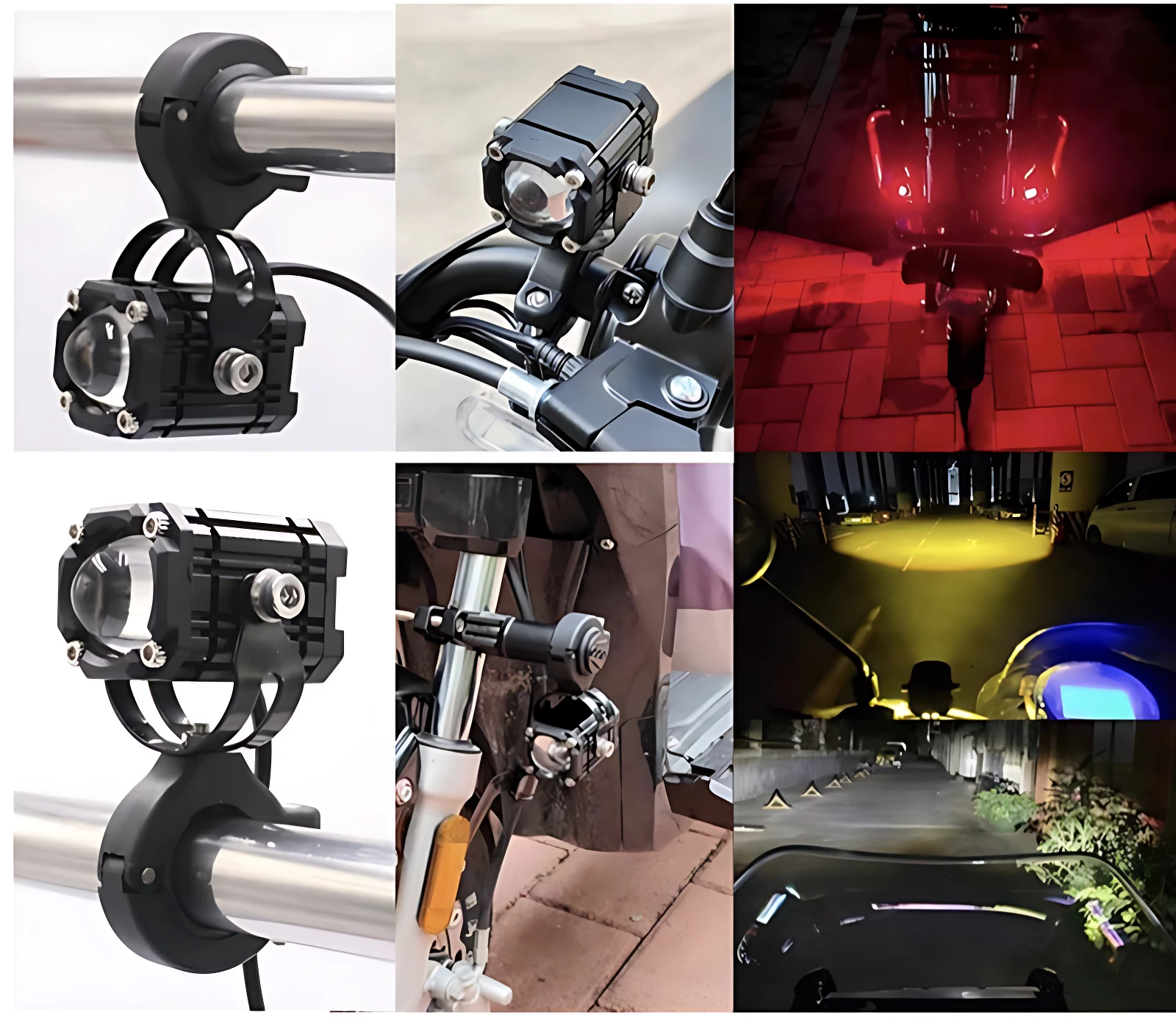 Kit U50 Exploradoras con Ojo de Diablo: faro frontal negro montado en manillar, vista frontal y lateral, iluminación nocturna en rojo y amarillo, instalación en motocicleta.