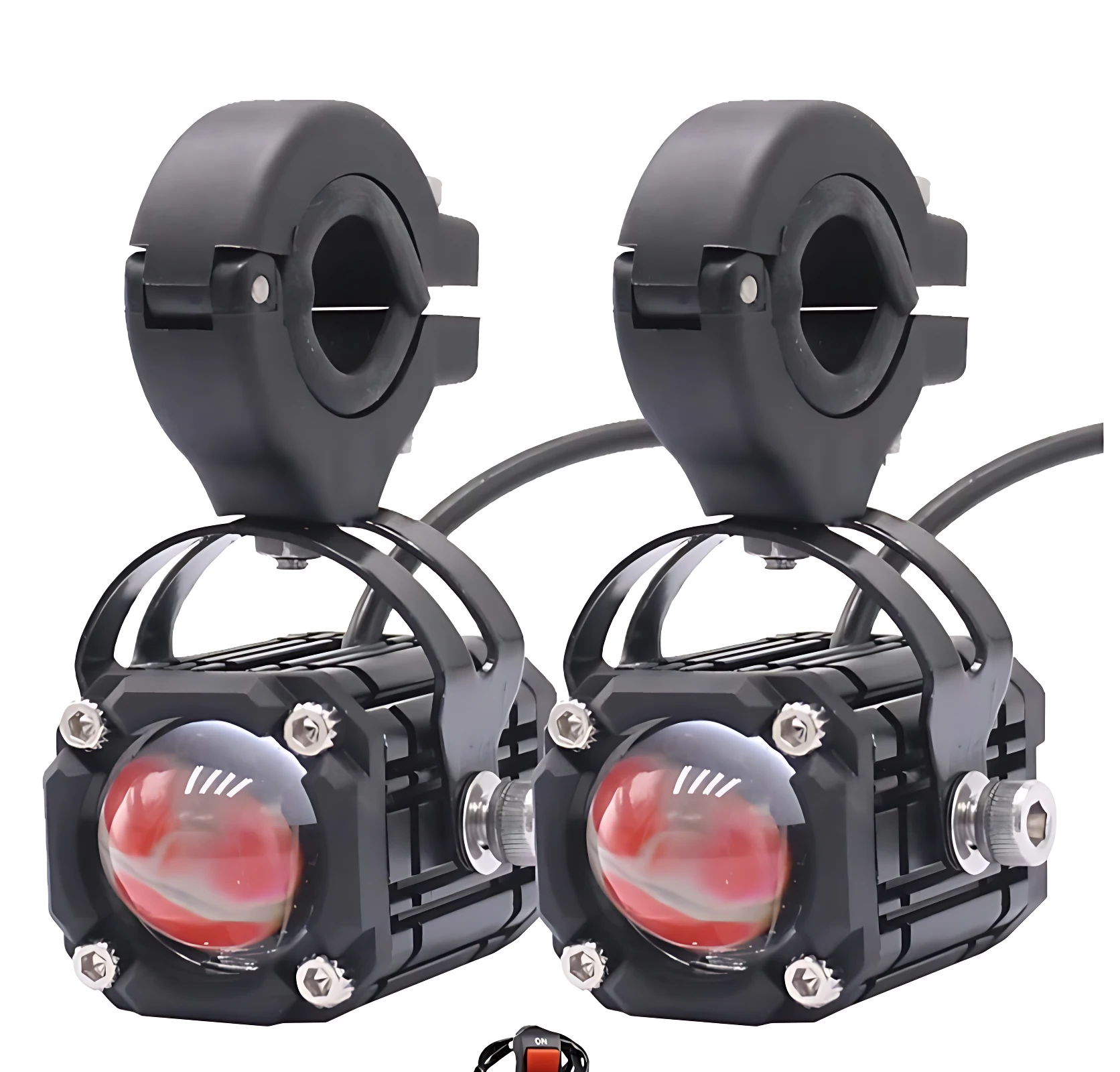 Kit U50 Exploradoras con Ojo de Diablo, dos faros frontales negros con lente roja y soporte de montaje, visibilidad nocturna hasta 150 metros.