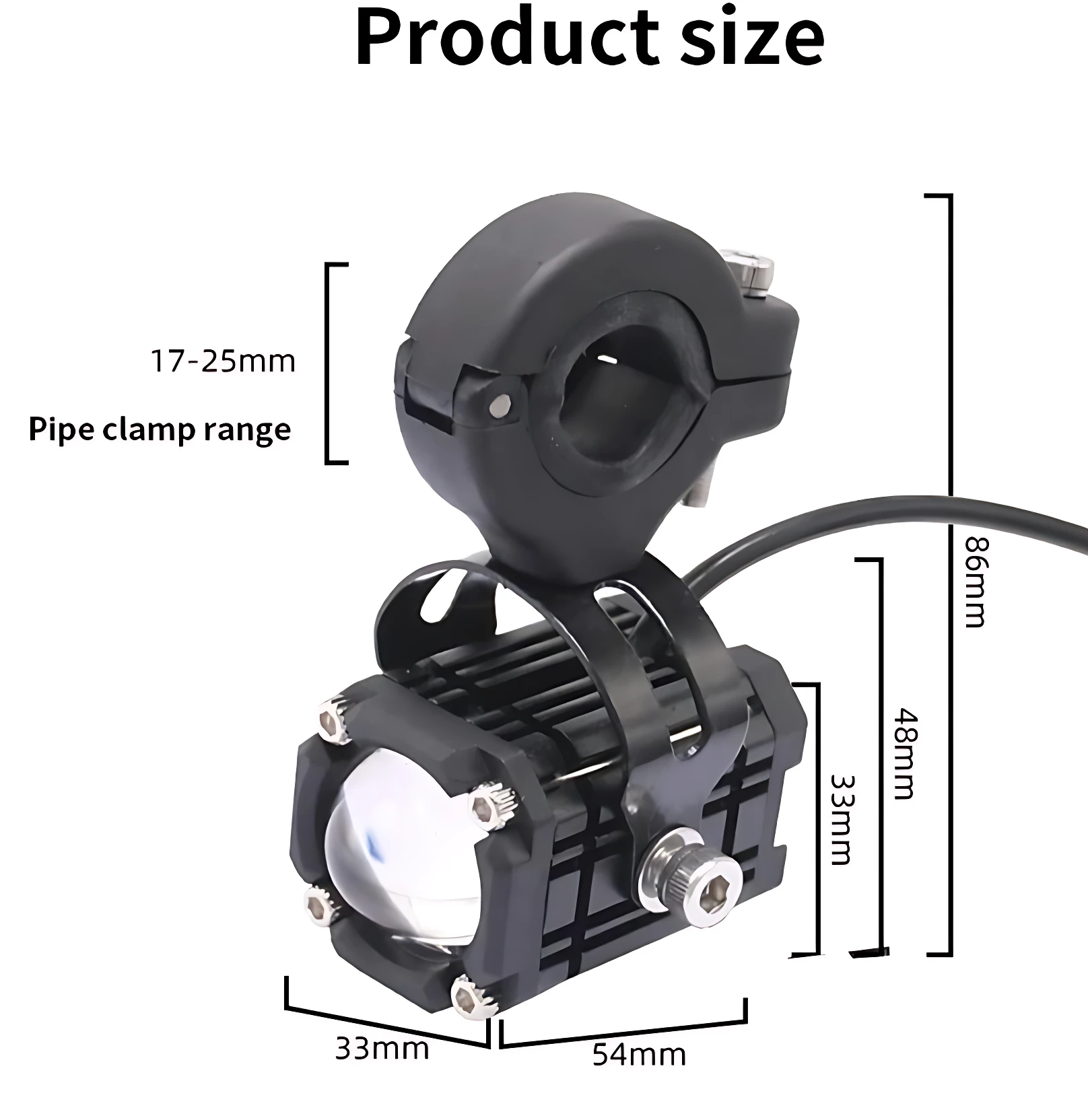 Kit U50 Exploradoras con Ojo de Diablo, color negro, con soporte de tubo ajustable de 17 a 25 mm y dimensiones totales de 86 mm de alto por 54 mm de ancho.