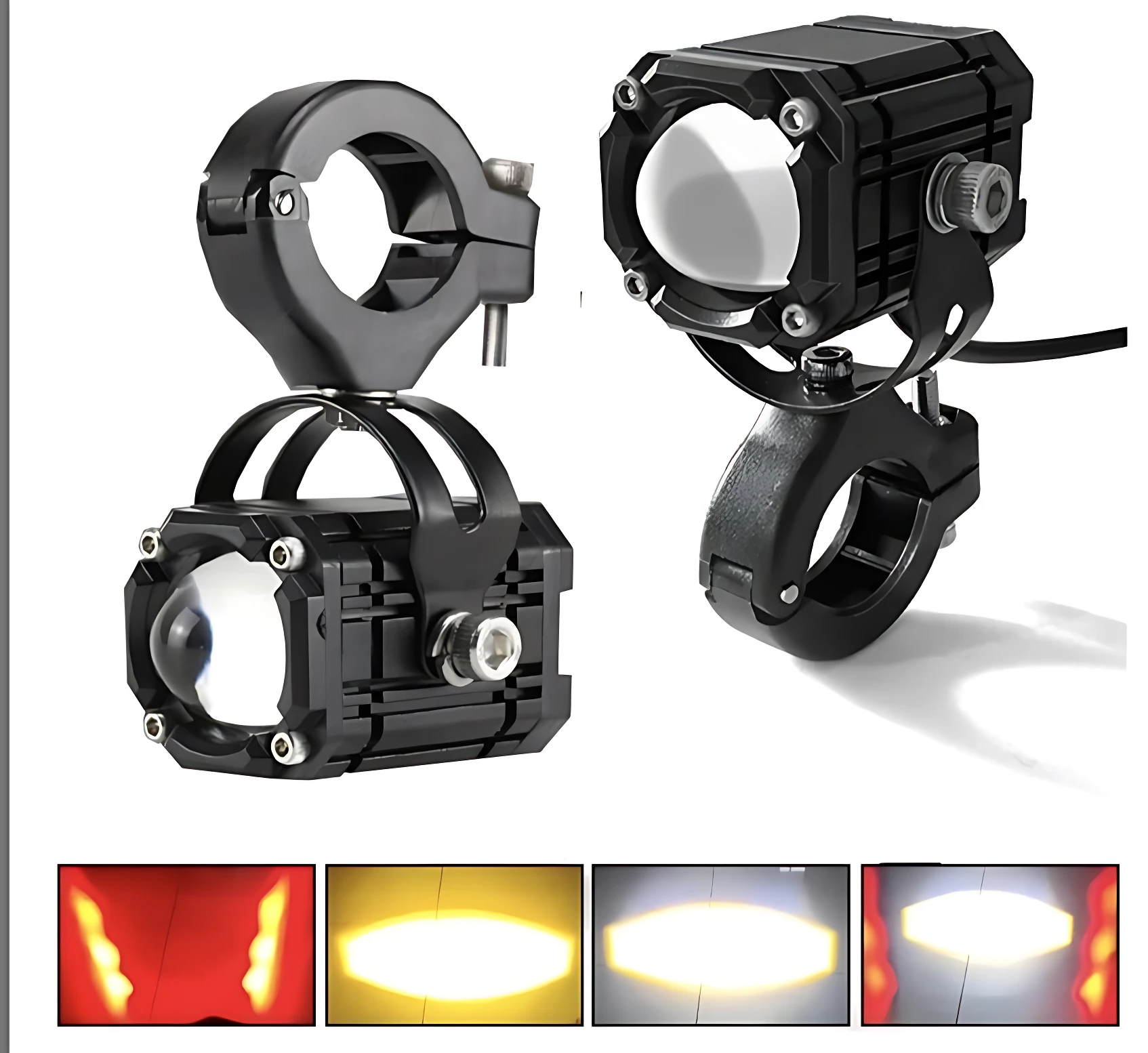 Kit de luces U50 Exploradoras con ojo de diablo, montura negra y cuatro opciones de iluminación: roja, amarilla, blanca y combinada.