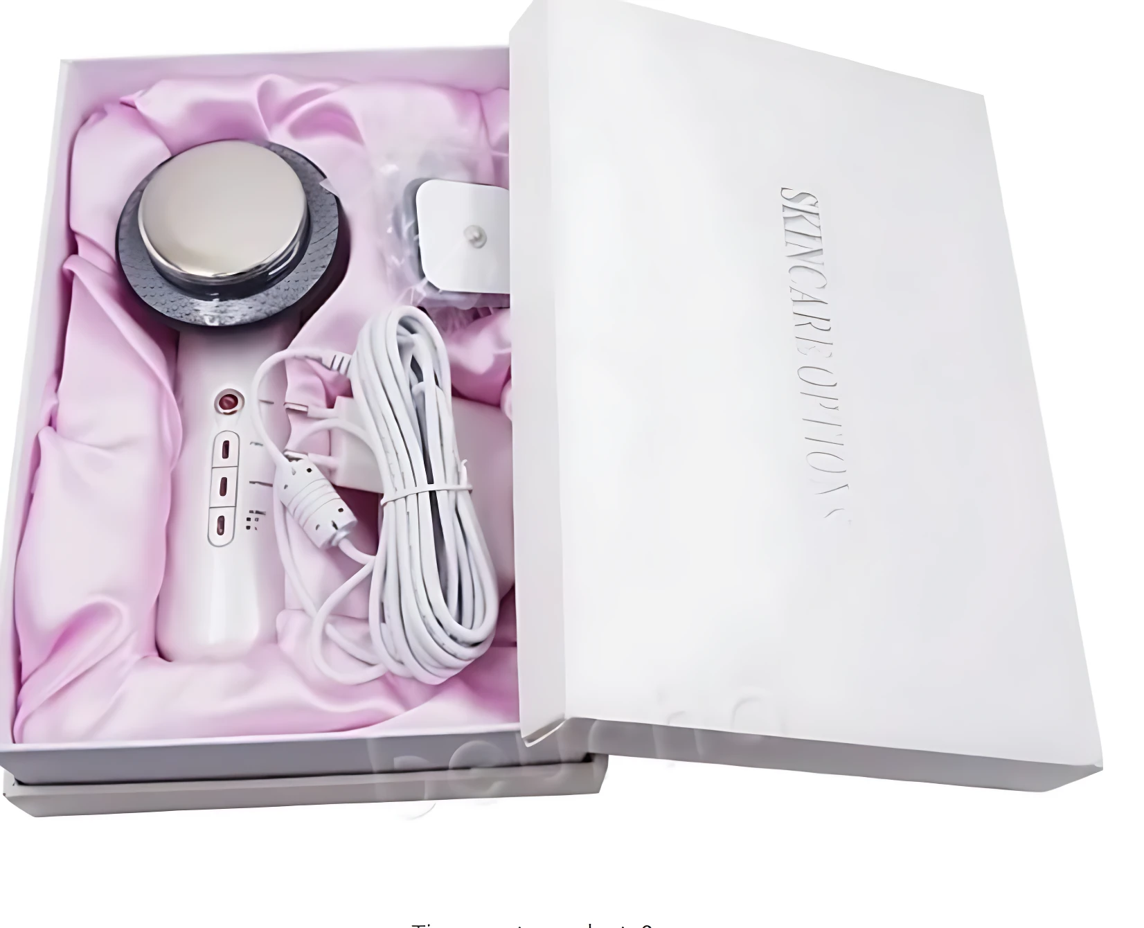 Dispositivo EMS infrarrojo ultrasonido en caja blanca con forro rosa, incluye mango blanco, cabezal redondo plateado, cable enrollado y accesorio cuadrado.